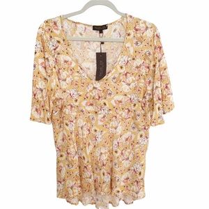 Rachel Zoe Yellow Floral V Neck Blouse NWT
